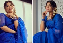 নীল শাড়ি, নীল চুড়িতে মুগ্ধতা ছড়াচ্ছেন পারসা ইভানা